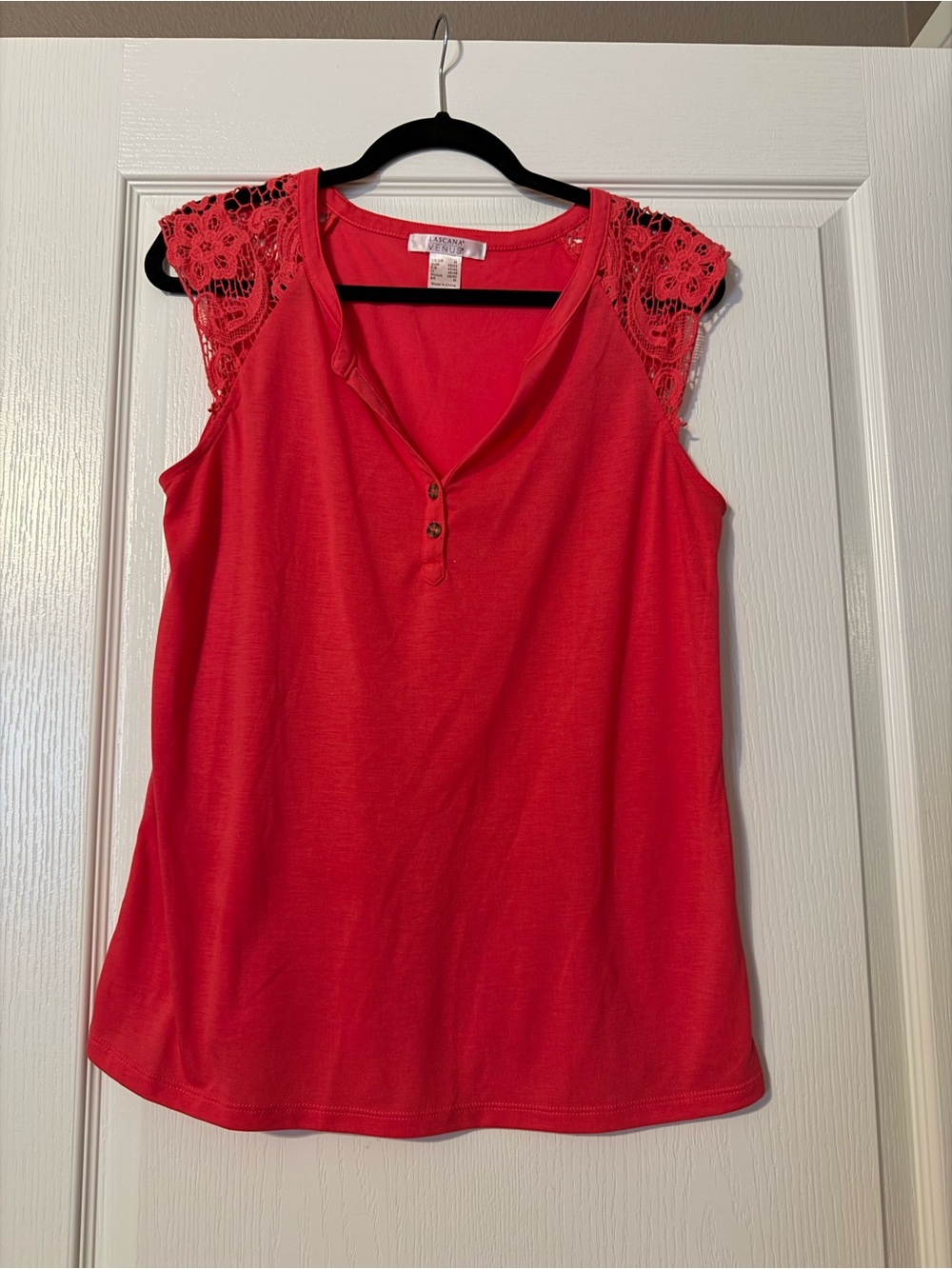 Lace Cap-Sleeve Henley Tank Top in Coral Red by Liz Lange